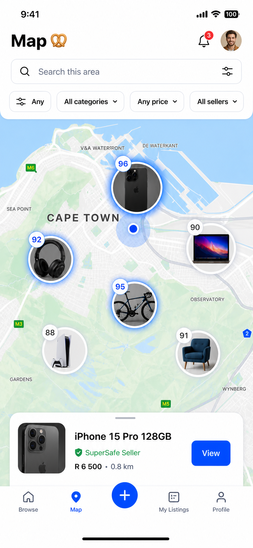 Pretsell map screen showing nearby verified marketplace listings